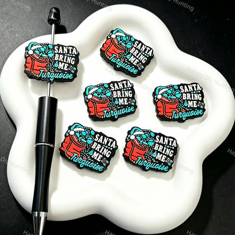 "Santa Bring Me Turquoise" silicone focal beads, festive christmas word print large‑hole beads for beadable pen and keychain DIY craft supplies
