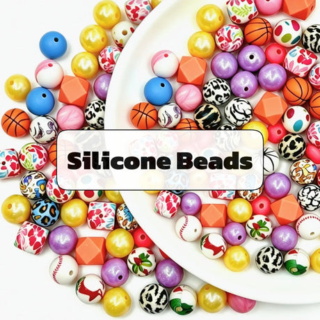 Collection of colorful silicone beads featuring solid colors, floral designs, and animal prints.