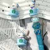 sky‑blue cartoon cup character no‑hole pen topper decorative charm for diy beadable pen craft projects