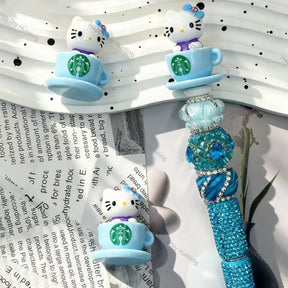 sky‑blue cartoon cup character no‑hole pen topper decorative charm for diy beadable pen craft projects