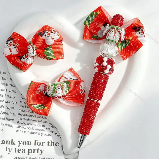 cute snowman printed ribbon bow fancy beads for diy beadable pens craft supplies