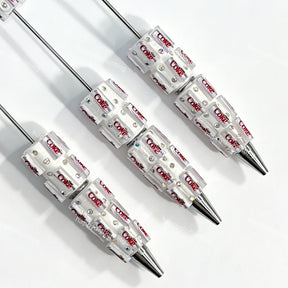 close-up soda can print beadable pen showing beverage can design and beadable barrel