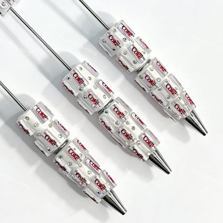 close-up soda can print beadable pen showing beverage can design and beadable barrel