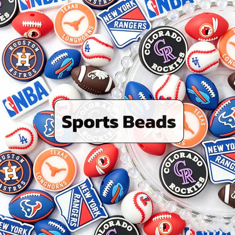 Collection of sports-themed silicone beads featuring balls and team-style emblems.