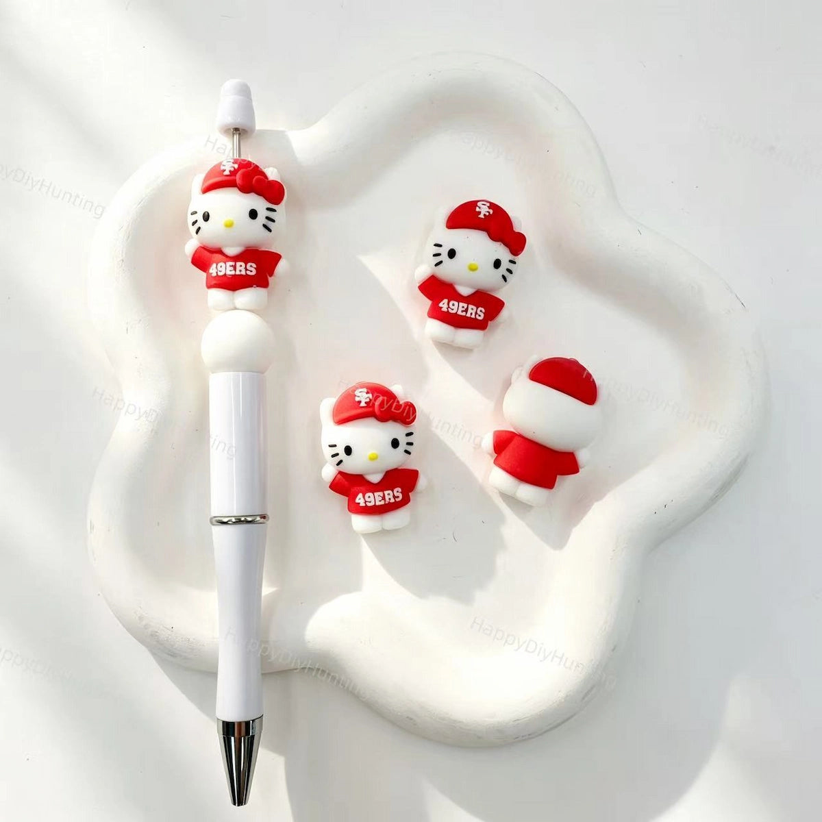 Sporty outfit cartoon cat silicone focal bead, red team jersey style, for DIY beadable pens