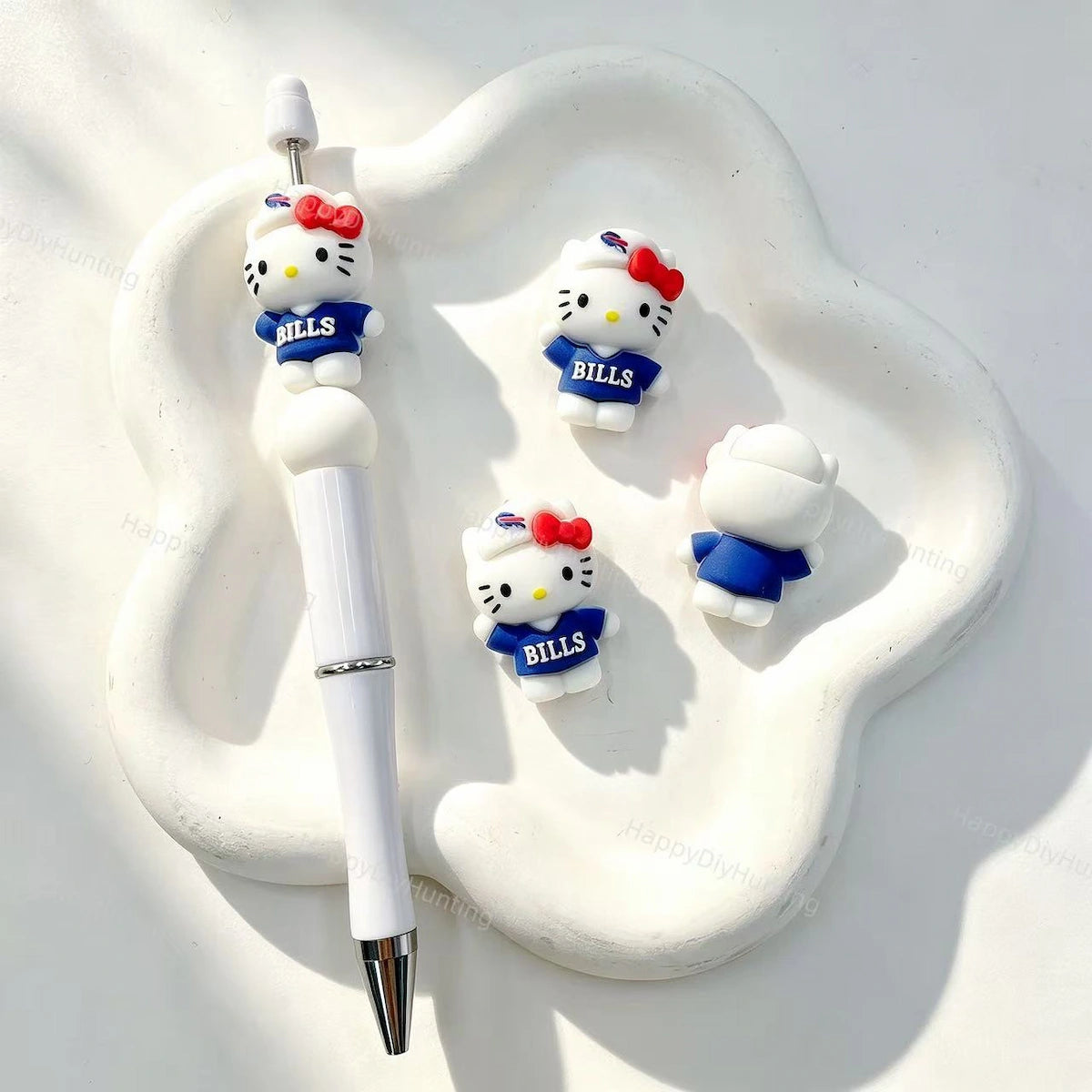 Sporty outfit cartoon cat silicone focal bead, blue team jersey style, for DIY beadable pens