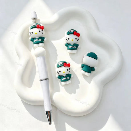 Sporty outfit cartoon cat silicone focal bead, green team jersey style, for DIY beadable pens