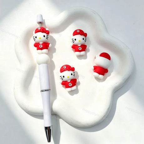 Sporty outfit cartoon cat silicone focal bead, red team jersey style, for DIY beadable pens