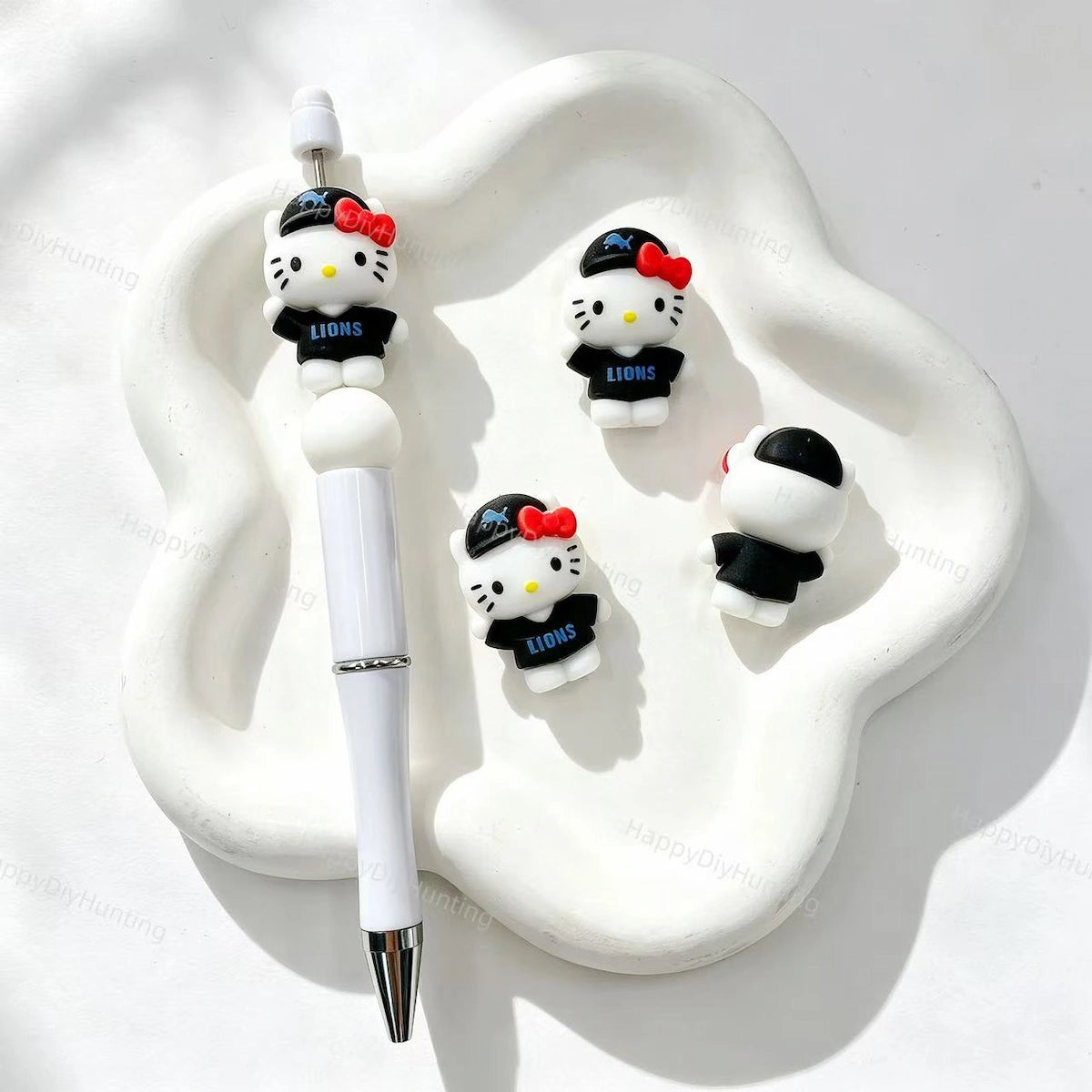 Sporty outfit cartoon cat silicone focal bead, black team jersey style, for DIY beadable pens