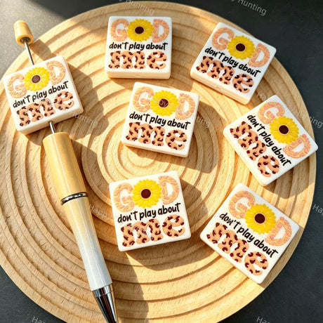 Square word print silicone focal beads, large hole square beads with sunflower leopard pattern for beadable pen and keychain DIY craft supplies