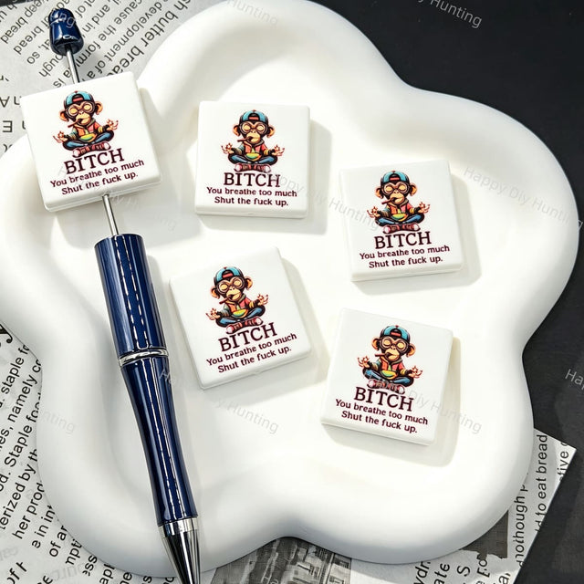 Square meditating monkey cartoon silicone focal beads, square silicone beads printed with hip‑hop meditating monkey graphic for beadable pens and pen toppers DIY craft projects