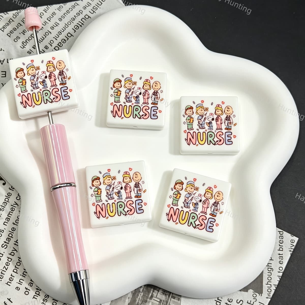 Square nurse‑theme cartoon silicone focal beads, square silicone beads printed with nurse text and medical‑style cartoon figures for beadable pens and pen toppers DIY craft projects