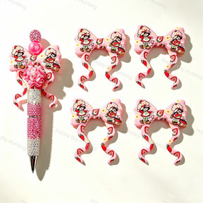 Strawberry‑cartoon print bow silicone focal beads, curly ribbon bow large‑hole beads for beadable pen DIY craft projects