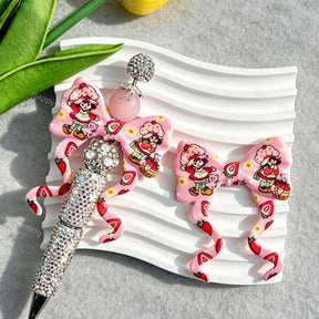 Strawberry‑cartoon print bow silicone focal beads, curly ribbon bow large‑hole beads for beadable pen DIY craft projects