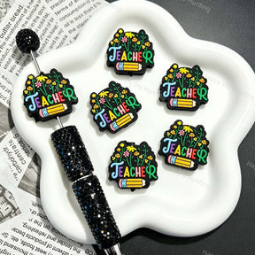 Teacher Floral Pencil Silicone Focal Beads with colorful letter and flower print for bead pen DIY craft