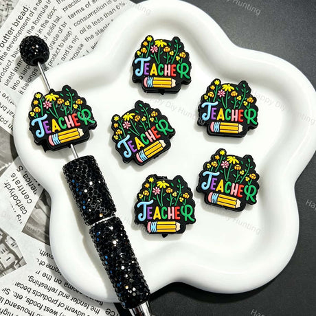 Teacher Floral Pencil Silicone Focal Beads with colorful letter and flower print for bead pen DIY craft