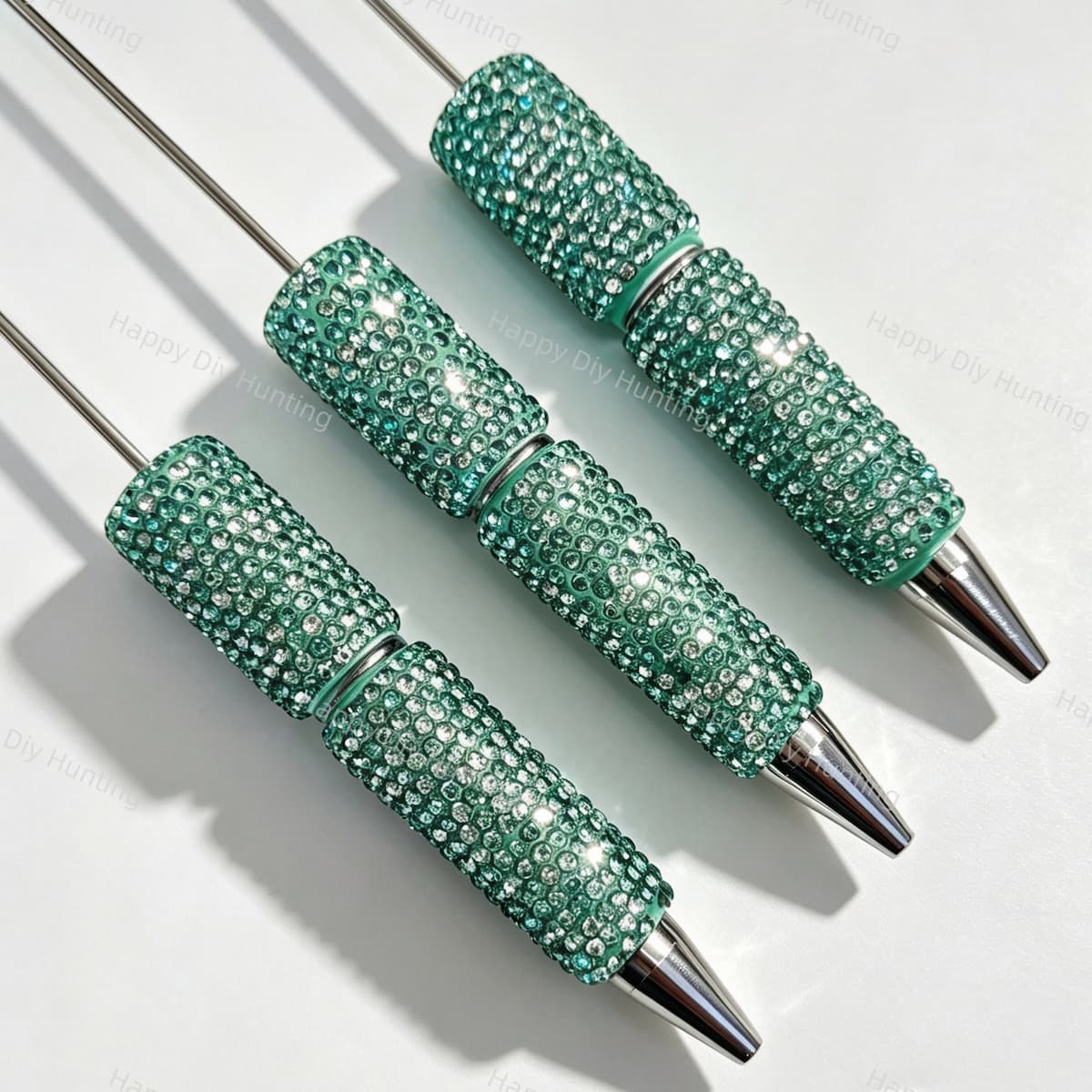 Teal full rhinestone covered beadable pens wholesale, blank pen base compatible with focal beads and pen toppers for DIY bead pen crafts