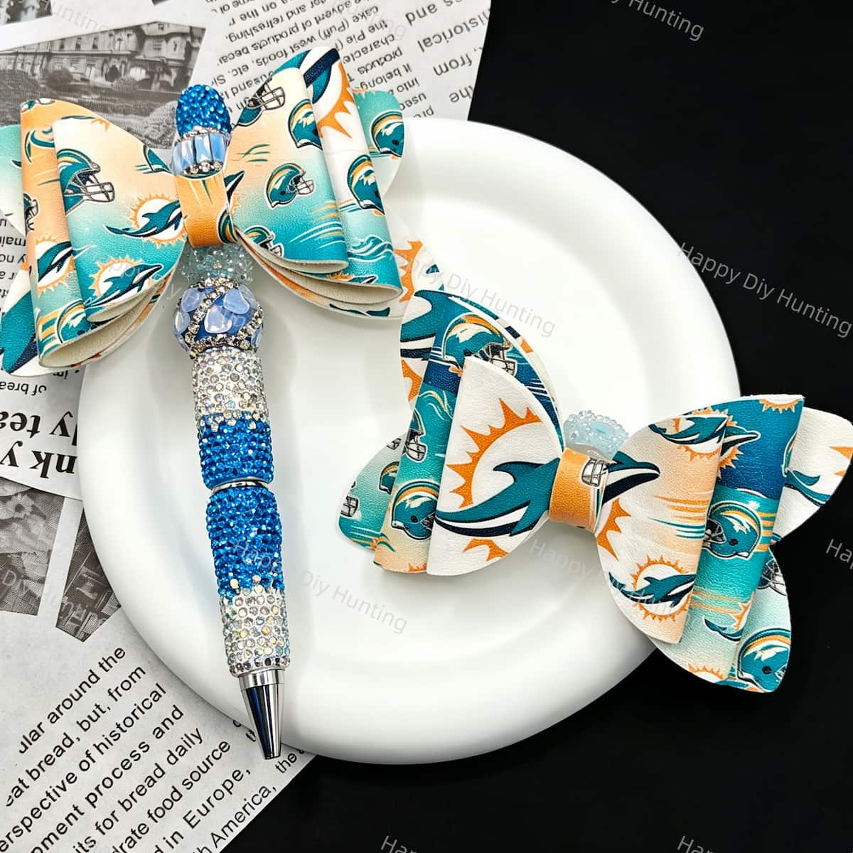 Teal‑orange dolphin print bow beads, decorative PU bow charms for beadable pens and handmade DIY craft projects