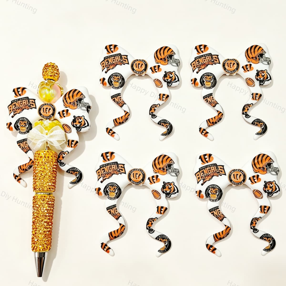 Tiger Helmet Football Print Bow Silicone Focal Beads for custom beadable pen handmade DIY craft projects