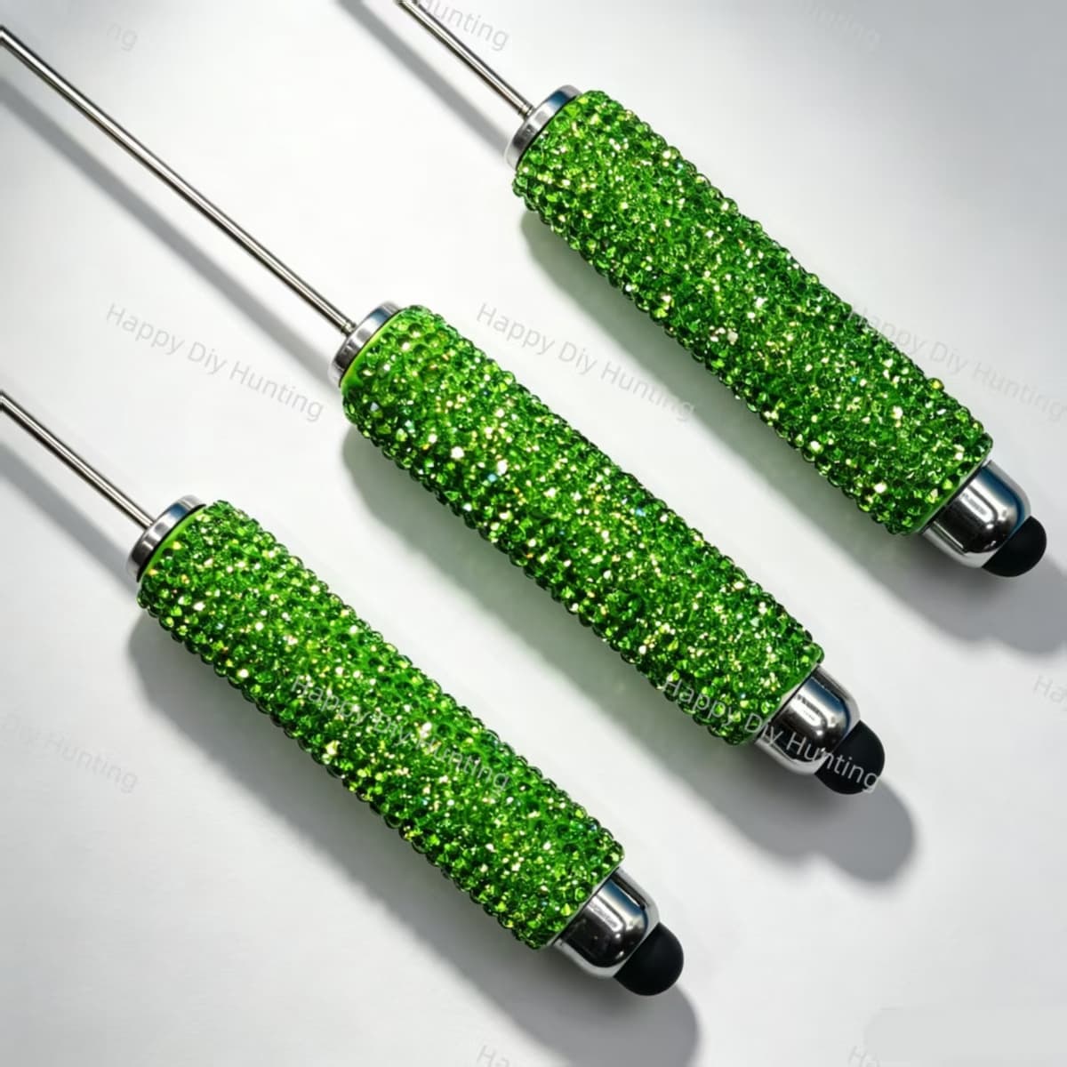 touch-screen rhinestone beadable pens in lime green, shiny rhinestone pen bases for diy stationery projects and gift making