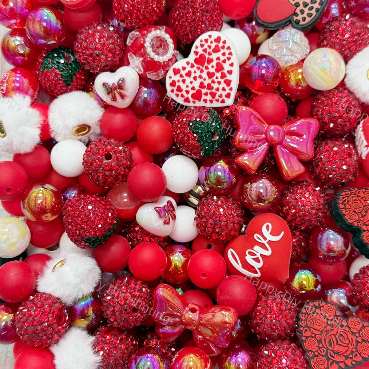 Valentine bead mix red white heart bow silicone acrylic beads for DIY crafts, keychains, cup charms and beadable pens