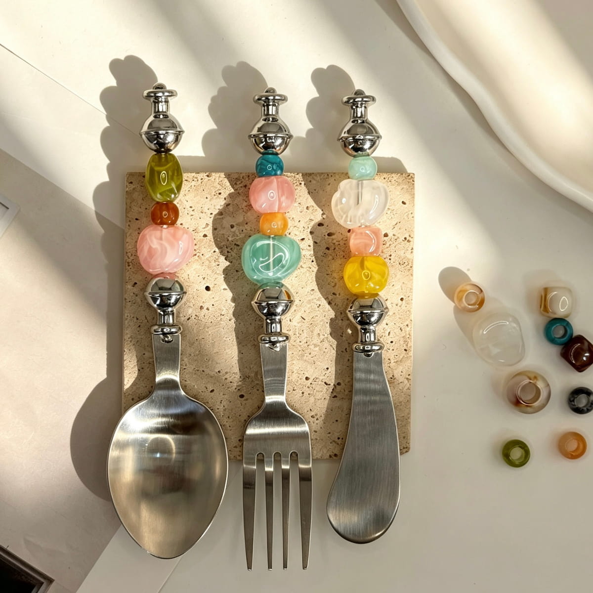 vintage French natural stone beads for DIY beadable stainless steel cutlery with large hole over 3mm
