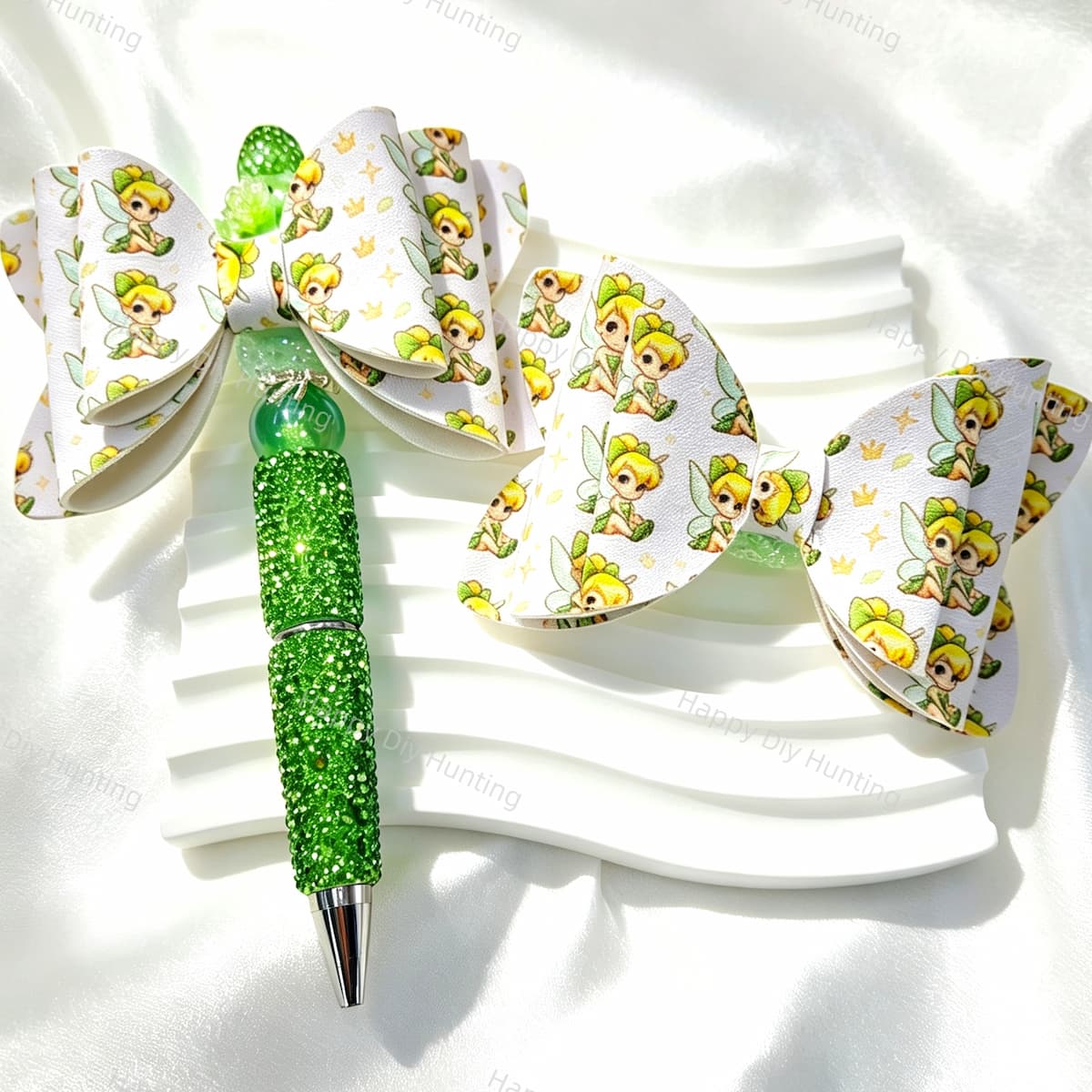 White fairy print bow focal beads for beadable pen and keychain DIY craft supplies
