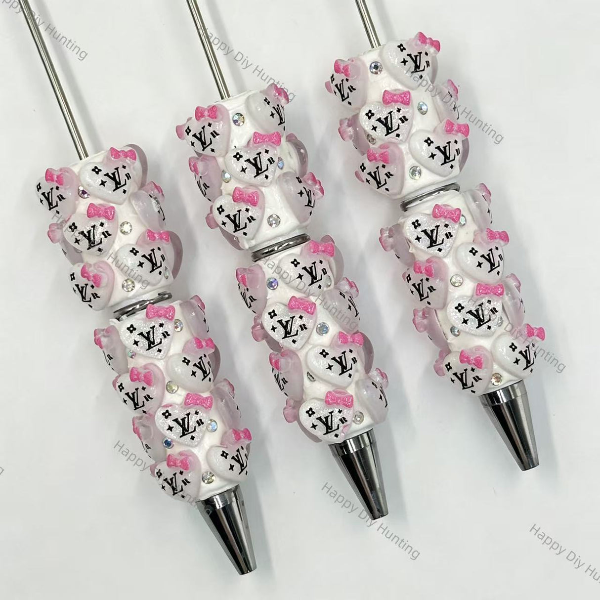 White pink heart bow printed focal beads assembled beadable pens, handmade DIY craft pen blanks
