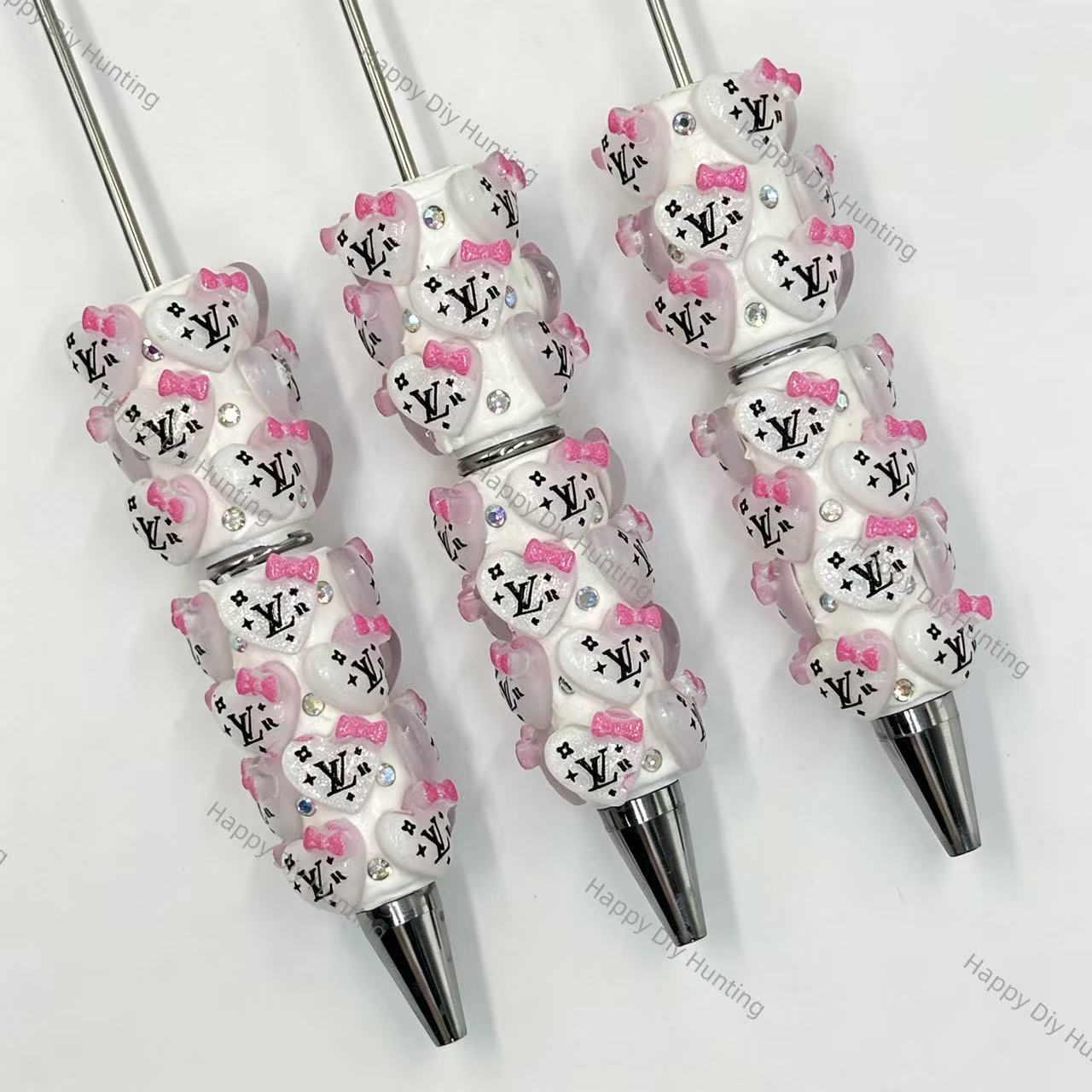 White pink heart bow printed focal beads assembled beadable pens, handmade DIY craft pen blanks

