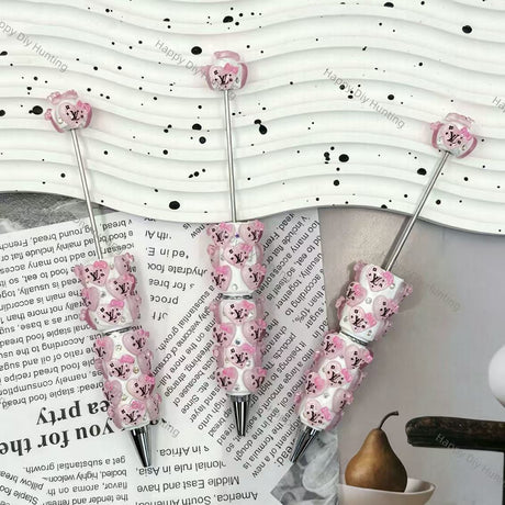 White pink heart bow printed focal beads assembled beadable pens, handmade DIY craft pen blanks
