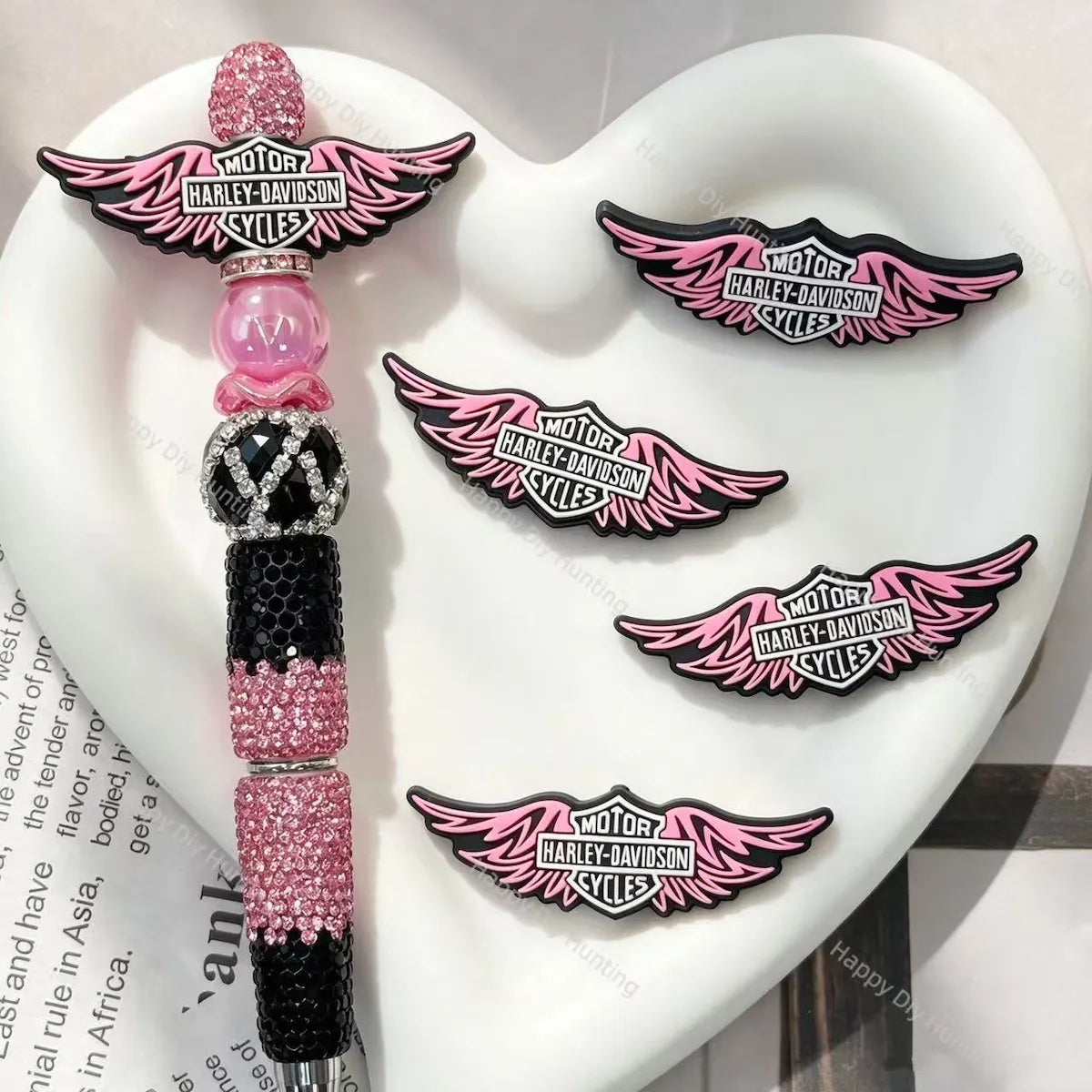 pink black winged motorcycle‑style silicone focal beads for diy beadable pens and pen toppers craft supplies