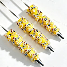 Yellow Beauty and the Beast beadable pens, diy pen blanks with lace trim and rhinestone details for handmade craft supplies