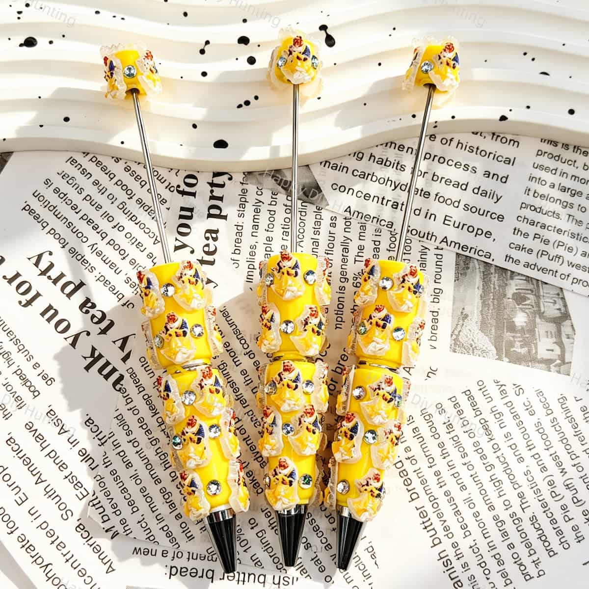 Yellow Beauty and the Beast beadable pens, diy pen blanks with lace trim and rhinestone crystal accents for handmade craft supplies