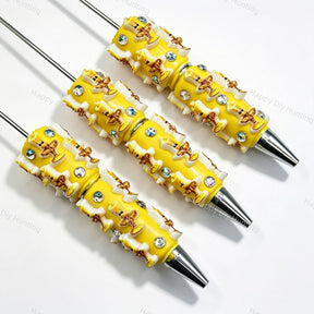 Yellow cartoon relief character beadable pens, rhinestone decorated diy craft pens for handmade stationery