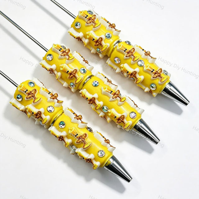 Yellow cartoon relief character beadable pens, rhinestone decorated diy craft pens for handmade stationery