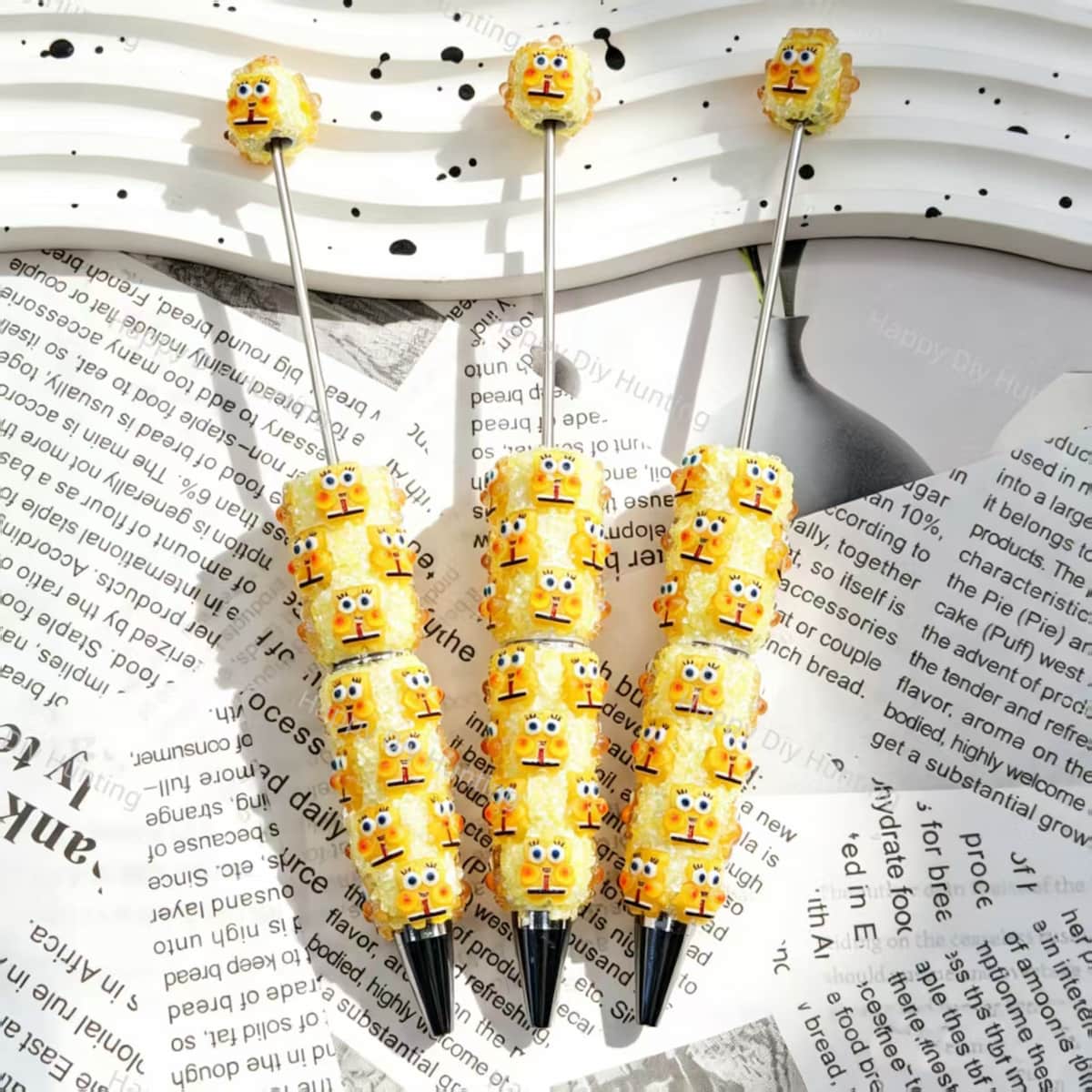 yellow cute cartoon character figurine bling beadable pens, cartoon themed pen bases for diy stationery craft and handmade gift making
